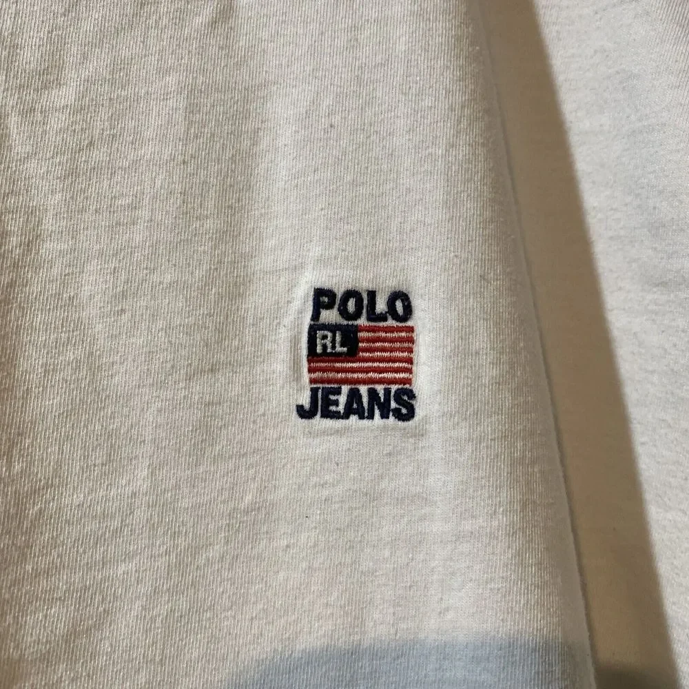 vtg 90s POLO JEANS CO Ralph Lauren Cotton Crew T-Shirt Baseball White sz L - Picture 2 of 4